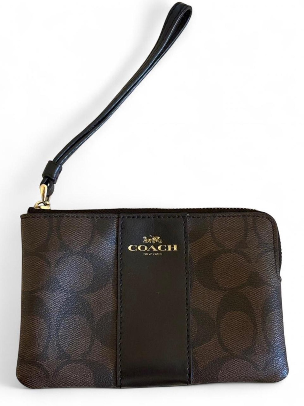 Coach Brown & Black Signature Zip Pouch with Gold Logo